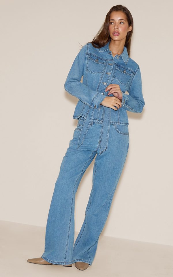 Light Blue Mid Waist Contrast Stitch Flared Jeans