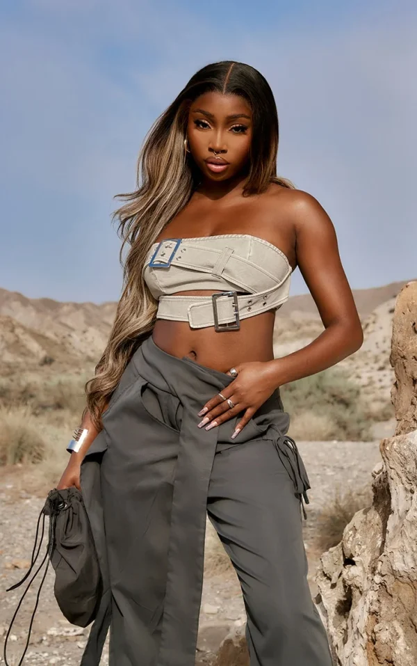 Stone Distressed PU Belted Detail Crop Top