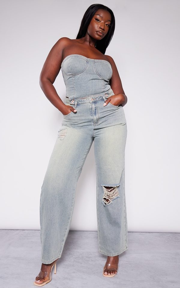 Plus Vintage Wash Detachable Bandeau Denim Jumpsuit