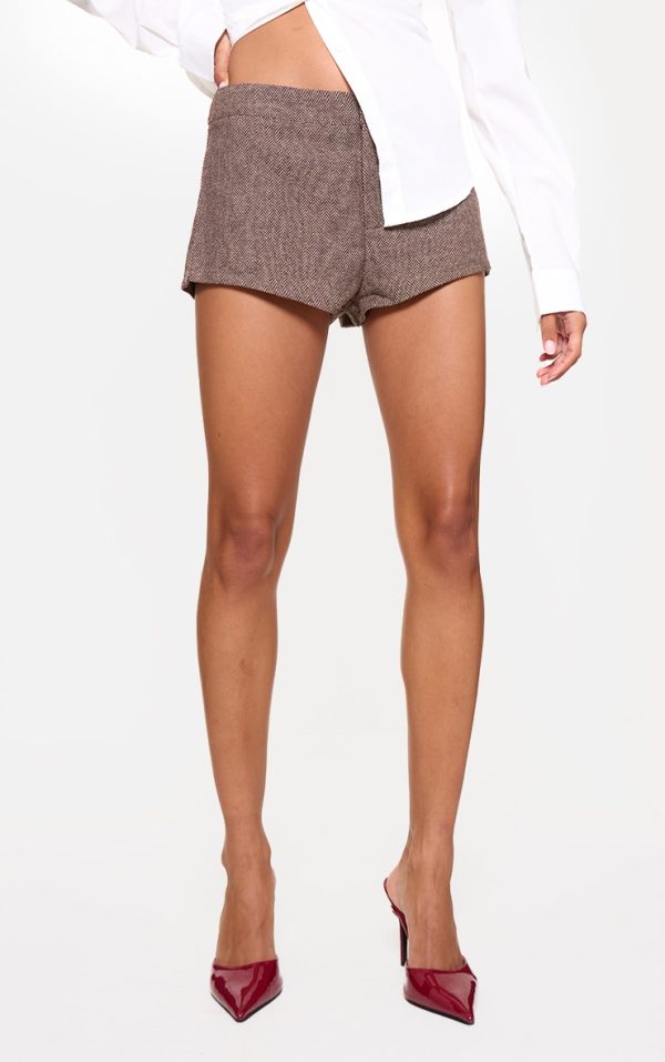 Mocha Tweed Textured High Waist Woven Tailored Shorts