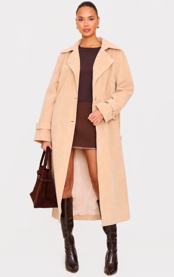 Stone Faux Suede Buckle Belt Trench Coat