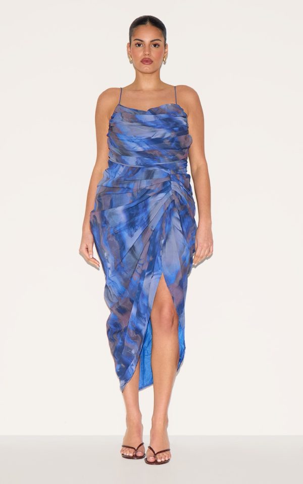 Plus Blue Abstract Print Chiffon Ruched Drape Midi Dress