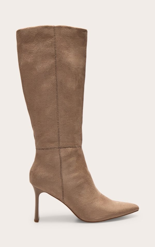 Mushroom Faux Suede Point Toe Thin Block High Heel Knee High Boots
