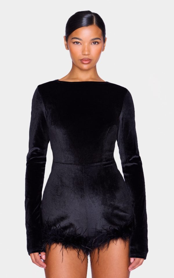 Black Velvet Long Sleeve Feather Trim Romper