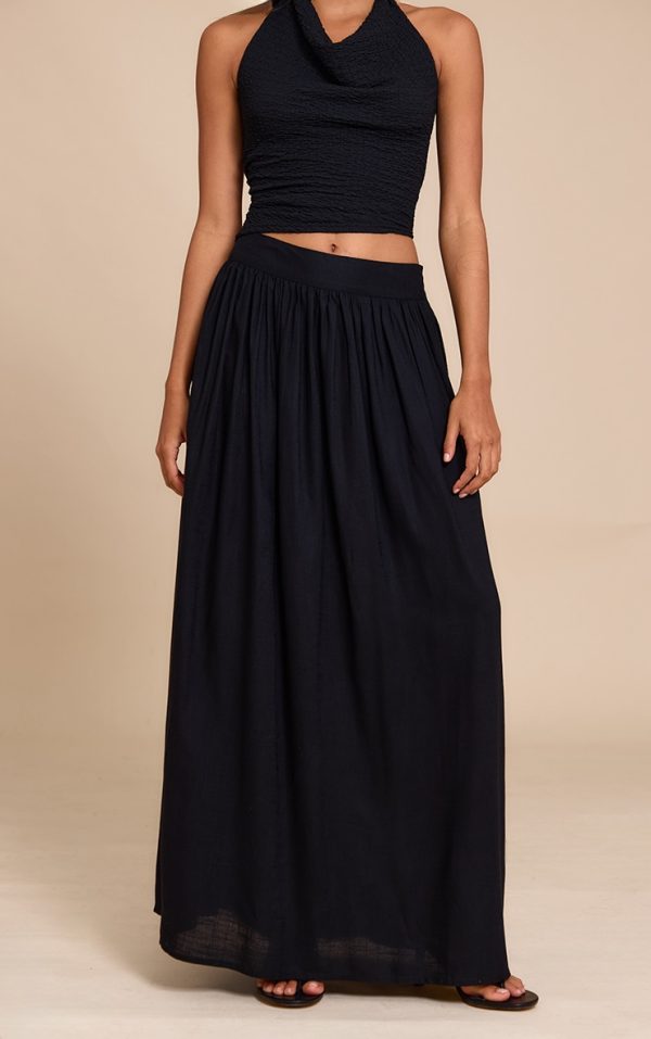 Black Pleated Linen Look Maxi Skirt