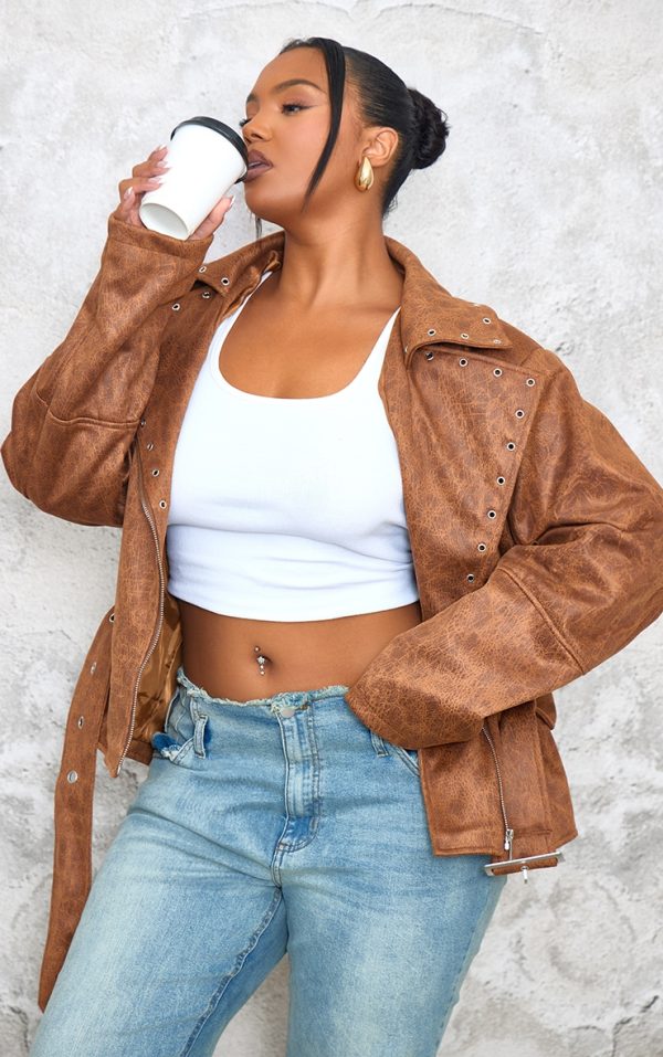 Plus Brown Washed Faux Leather Hardware Detail Belted Jacket
