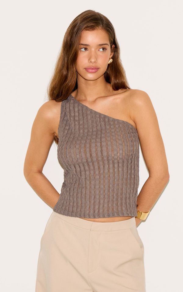 Taupe Textured Knot Detail One Shoulder Long Top