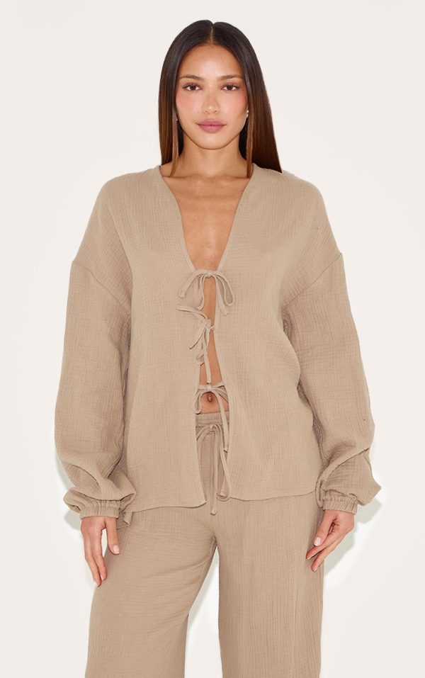 Tall Mushroom Textured Cheesecloth Tie Front Shirt