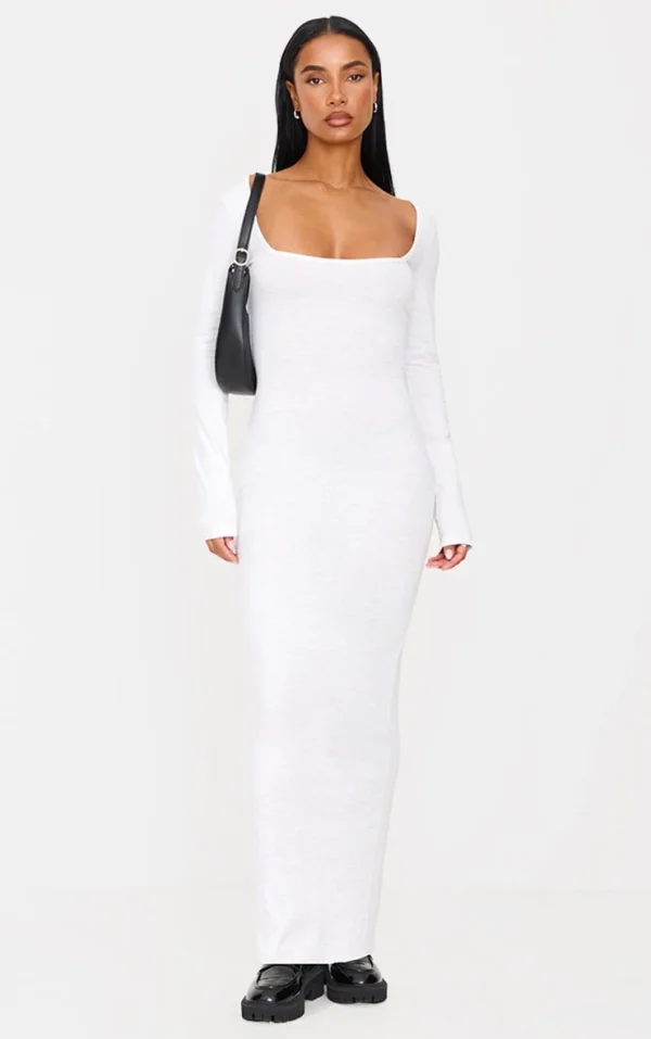 Grey Marl Cotton Square Neck Long Sleeve Maxi Dress