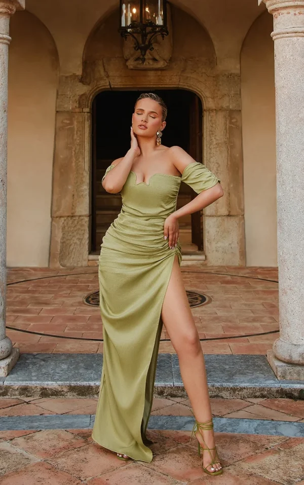 Olive Textured Bardot Underwired Ruched Maxi Dress