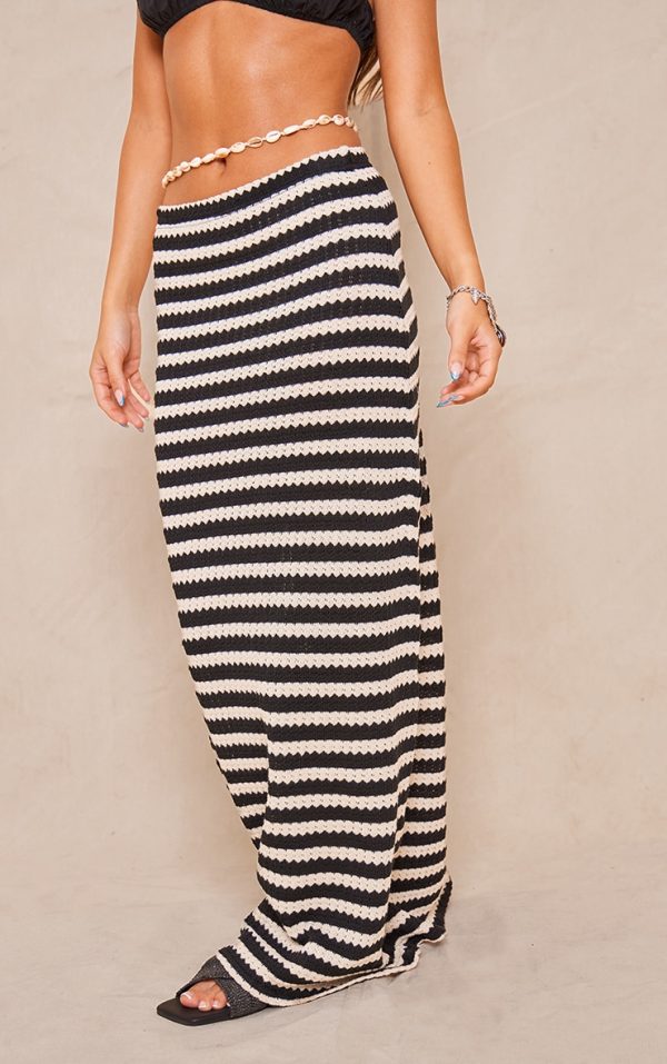 Black Striped Textured Jersey Maxi Skirt