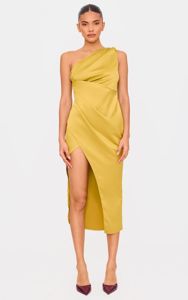 Olive Satin One Shoulder Pleat Detail Midi Dress