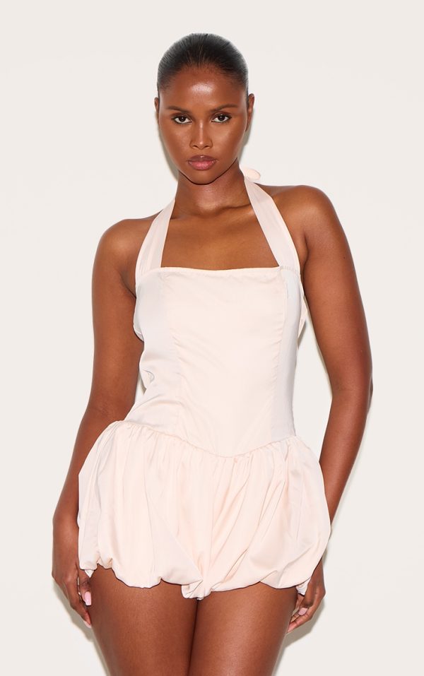 Almond Satin Halter Neck Puffball Romper