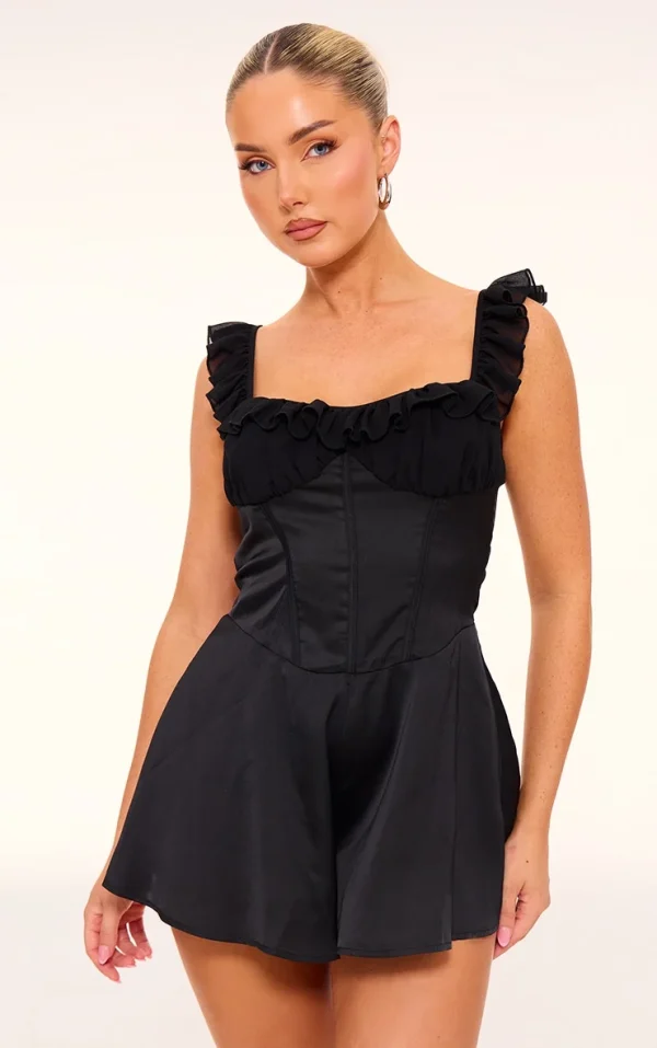 Black Ruffle Sleeve Satin Floaty Romper