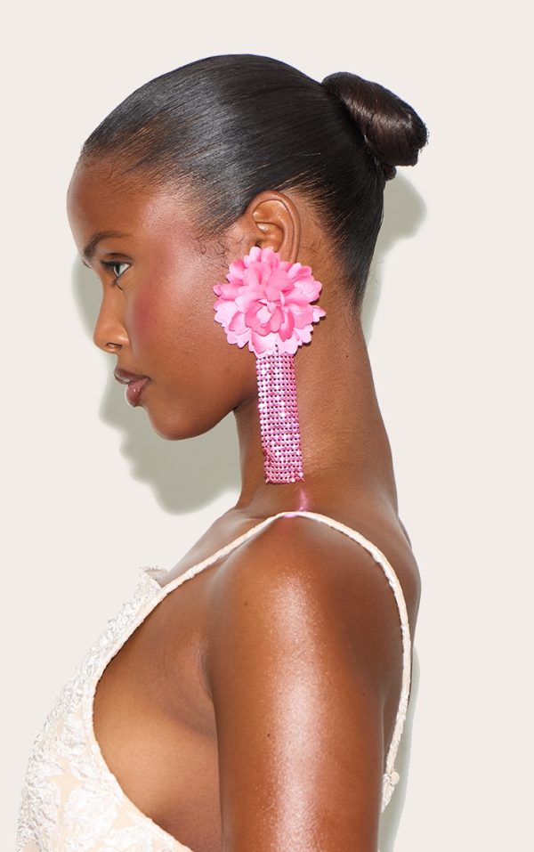 Pink Large Floral Chain Tassel Statement Earrings