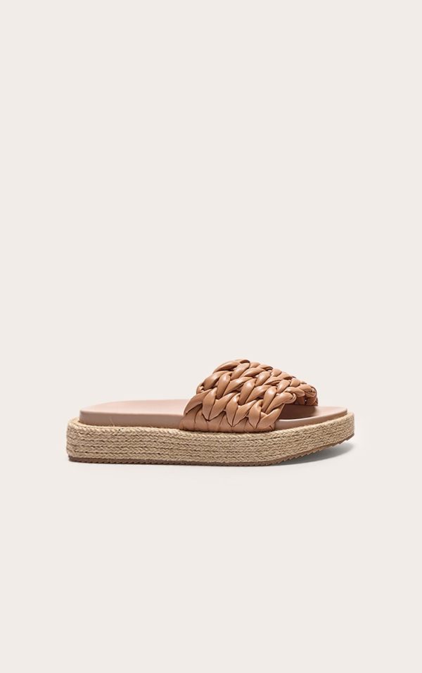 Tan Pu Woven Round Toe Platform Chunky Espadrille Sandals