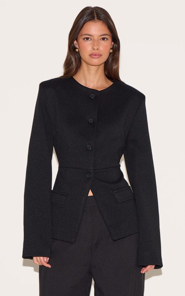 Black Button Up Longline Collarless Blazer