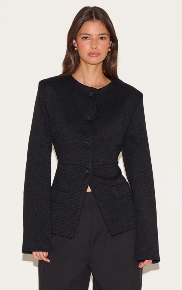 Black Button Up Longline Collarless Blazer
