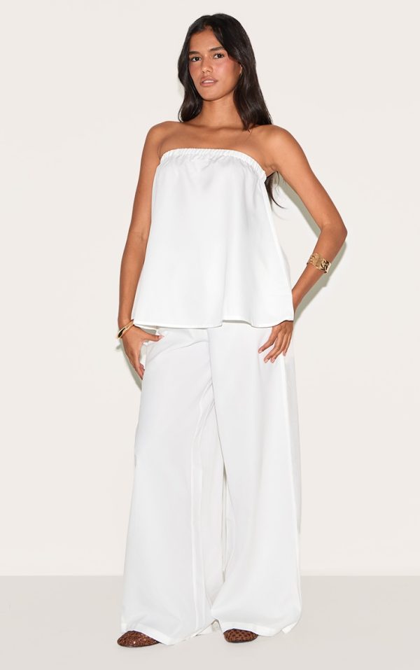 White Woven Mid Rise Wide Leg Pants