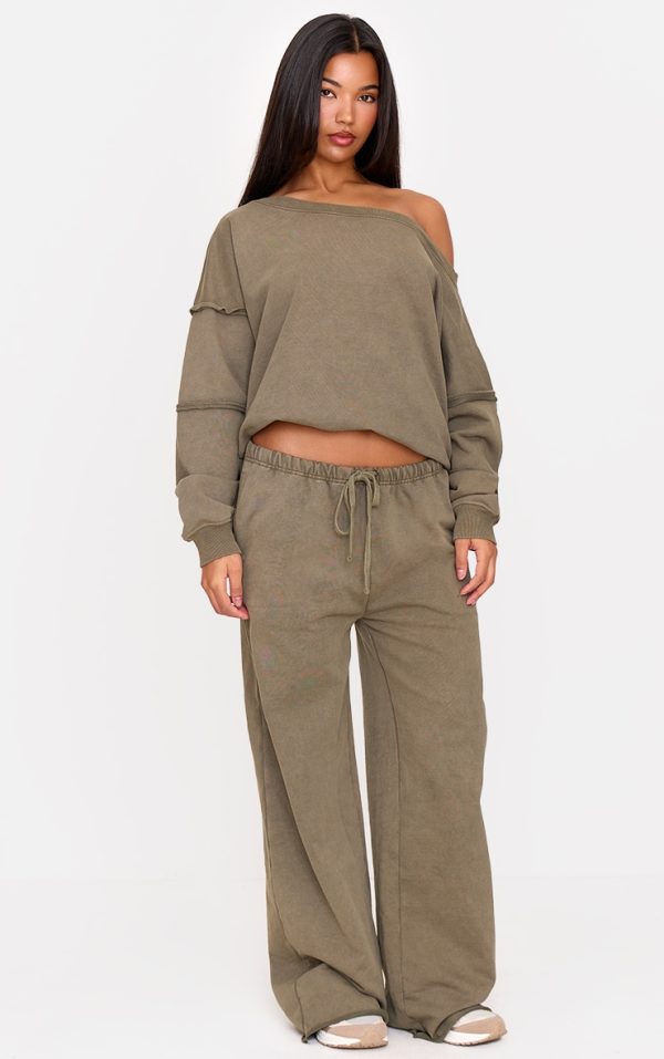 Khaki Washed Embossed Thin Waistband Wide Leg Sweatpants