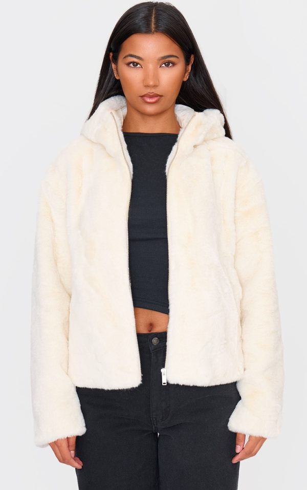 Cream Plush Faux Fur Hooded Zip Up Jacket