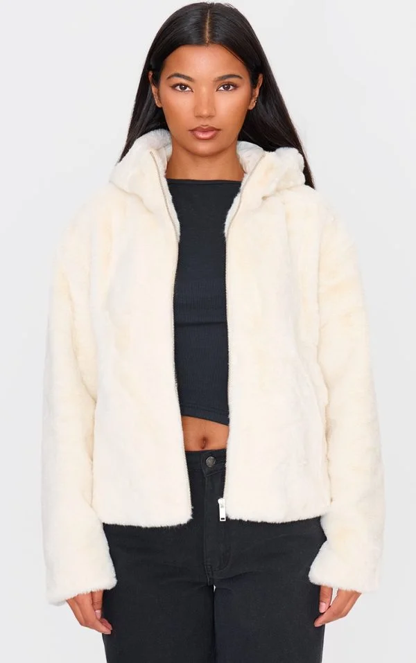 Cream Plush Faux Fur Hooded Zip Up Jacket