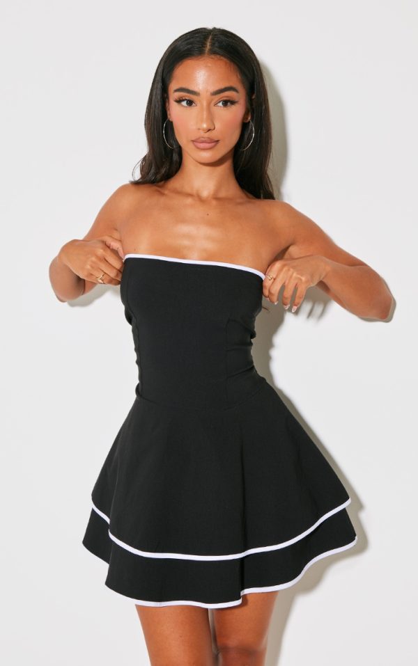 Petite Black Stretch Woven Contrast Tiered Shift Dress