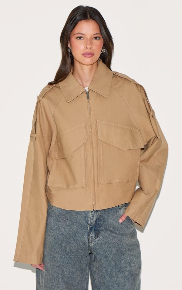 Camel Trench Detail Cropped Zip Up Jacket