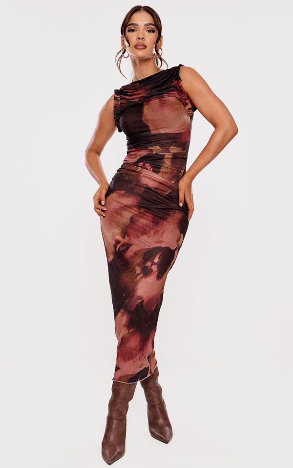 Brown Abstract Print Mesh Racer Neck Maxi Dress