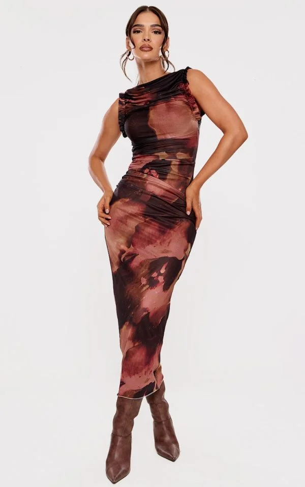 Brown Abstract Print Mesh Racer Neck Maxi Dress