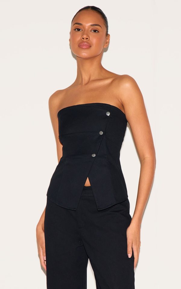 Black Twill Foldover Bandeau Top