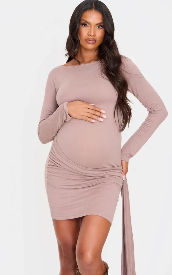 Maternity Mocha Brushed Tie Front Mini Dress