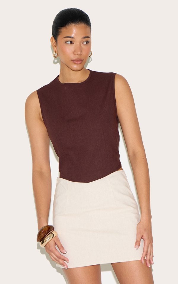 Chocolate Linen Look Boxy Pointed Hem Top