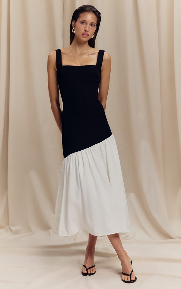 Monochrome Contrast Pleated Hem Square Neck Midaxi Dress