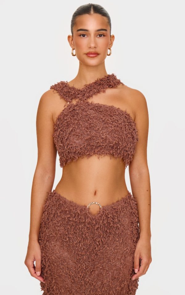 Chocolate Brown Fluffy Textured Halterneck Trim Detail Crop Top