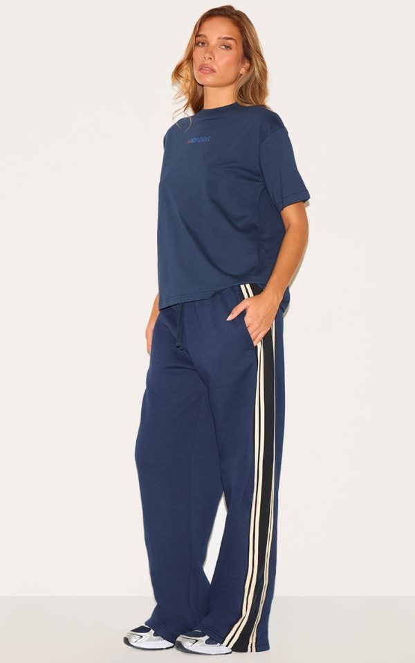 Navy Contrast Stripe Detail Wide Leg Sweatpants