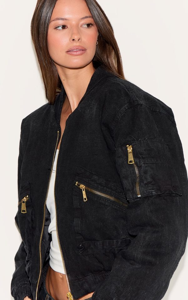 Washed Black Washed Twill Padded Bomber Jacket