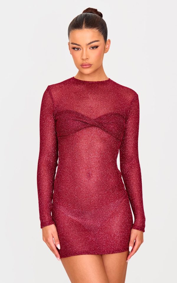 Cherry Red Metallic Ribbed Twist Bust Long Sleeve Mini Dress