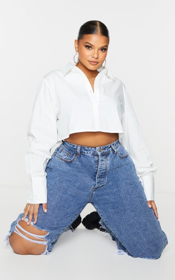 Plus White Cotton Oversized Crop Shirt