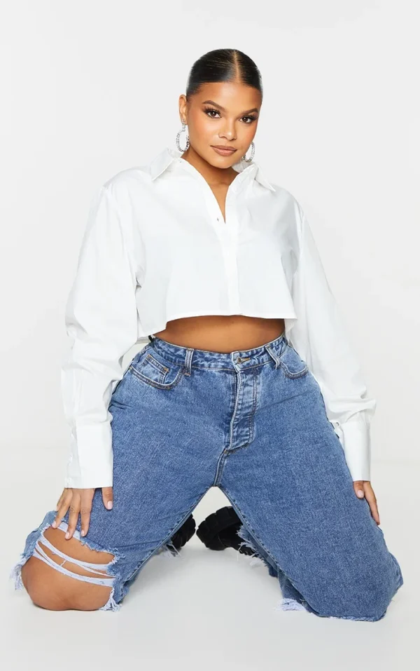 Plus White Cotton Oversized Crop Shirt
