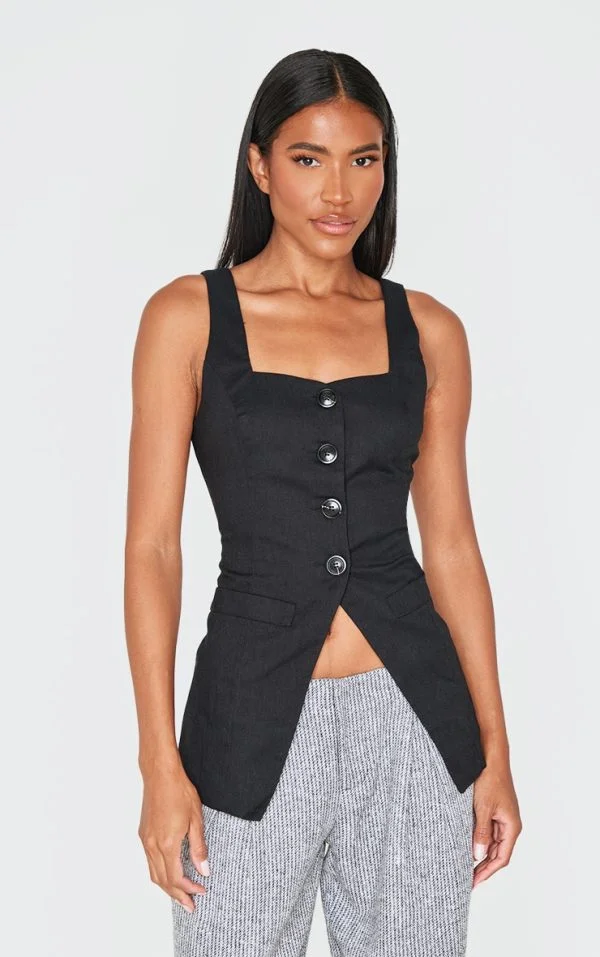 Black Longline Square Neck Vest