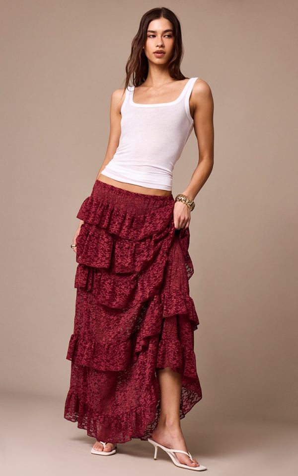 Dark Plum Lace Tiered Floaty Maxi Skirt