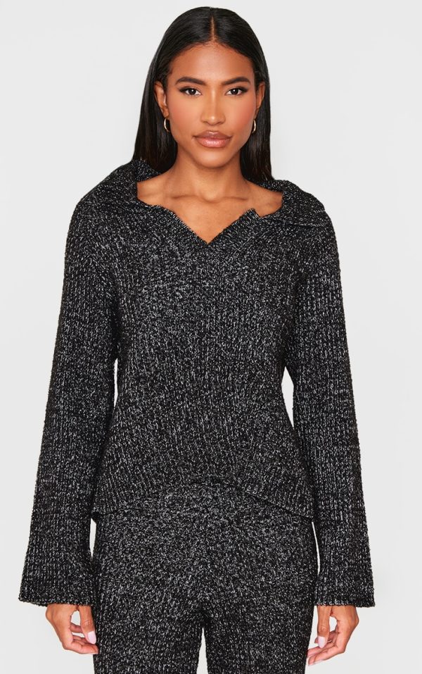 Black Marl Knit V Neck Oversized Sweater