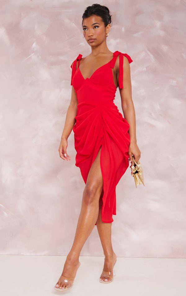 Red Underwire Detail Draped Midi Dress