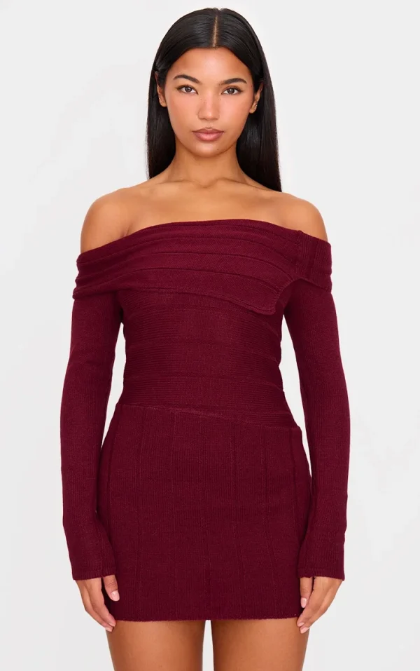 Wine Asymmetric Knitted Fold Over Mini Dress