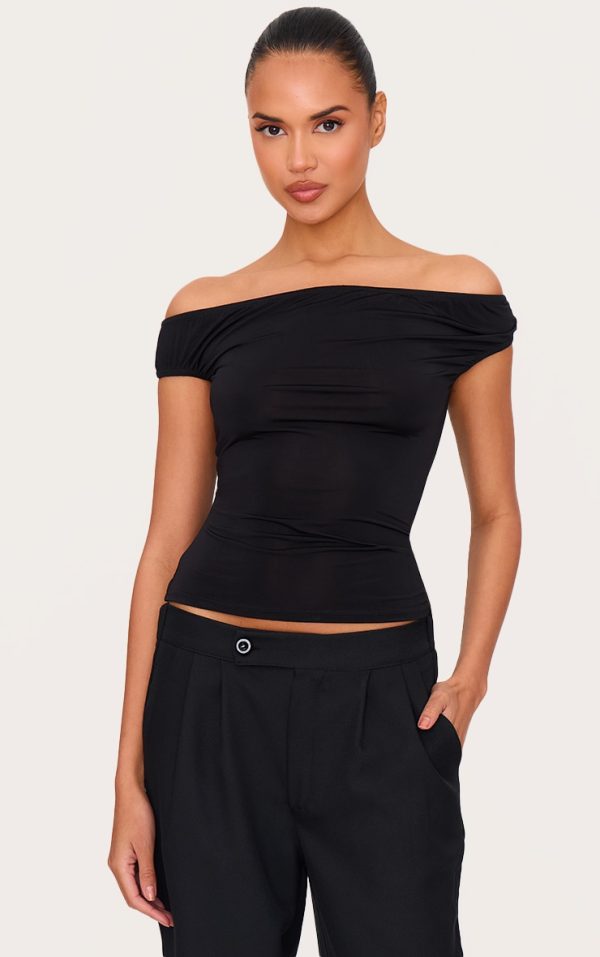 Black Slinky Asymmetric Bardot Long Top