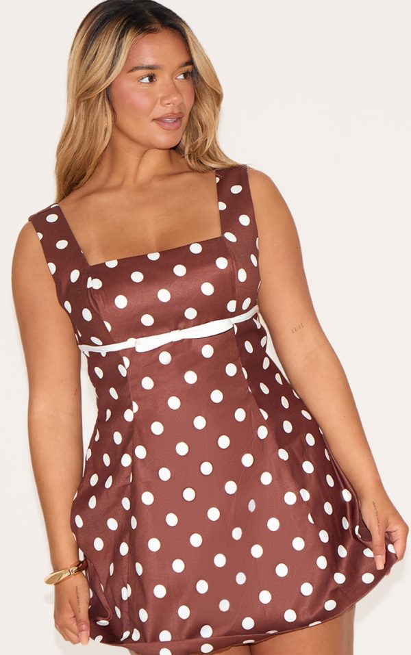 Shape Chocolate Polka Dot Square Neck Bow Detail A-line Mini Dress