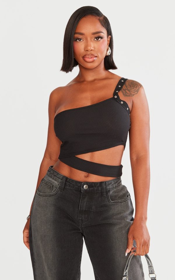 Shape Black Rib Cut Out Studded Strap Crop Top