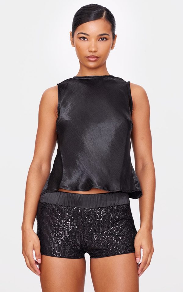 Black Metallic Satin Boatneck Long Top