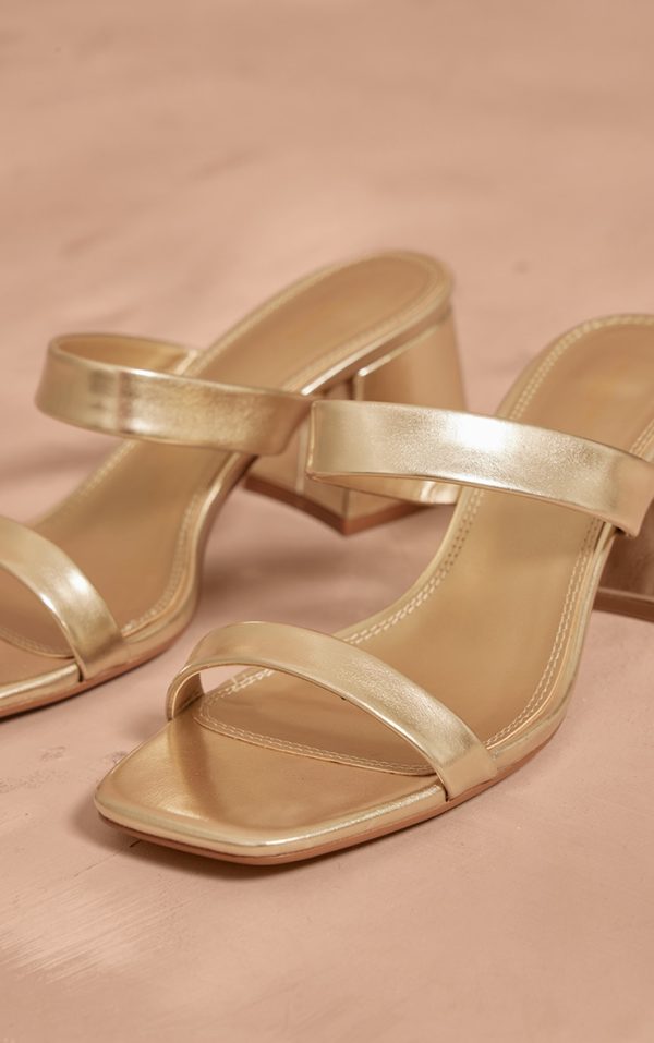 Gold PU Wide Fit Square Toe Block Heeled Mules